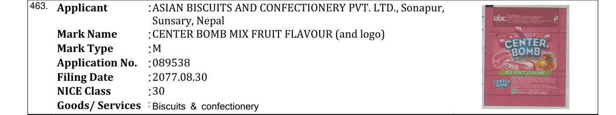 Original bulletin entry for CENTER BOMB MIX FRUIT FLAVOUR (and logo)