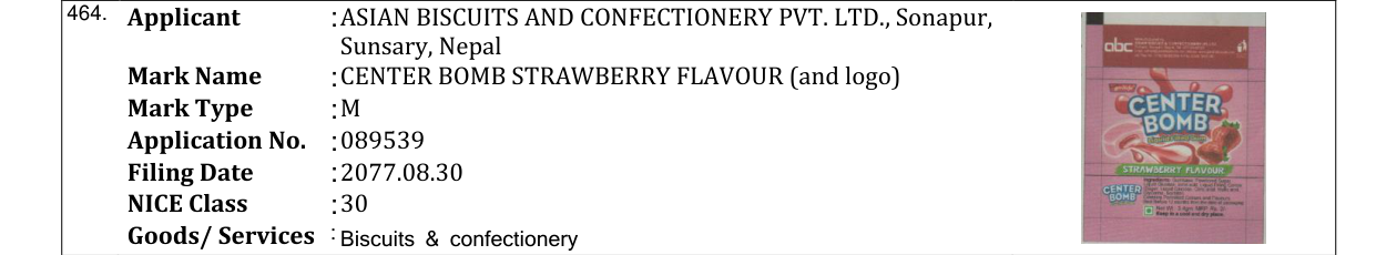 Original bulletin entry for CENTER BOMB STRAWBERRY FLAVOUR (and logo)