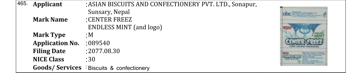 Original bulletin entry for CENTER FREEZ ENDLESS MINT (and logo)