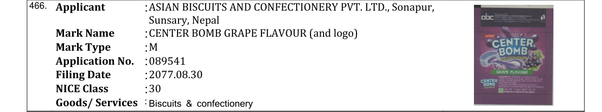 Original bulletin entry for CENTER BOMB GRAPE FLAVOUR (and logo)