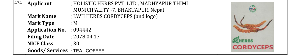 Original bulletin entry for LWH HERBS CORDYCEPS (and logo)