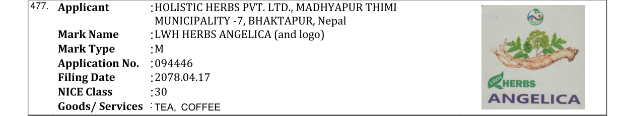 Original bulletin entry for LWH HERBS ANGELICA (and logo)