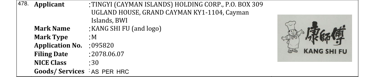 Original bulletin entry for KANG SHI FU (and logo)