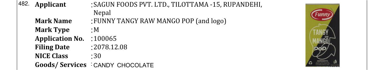 Original bulletin entry for FUNNY TANGY RAW MANGO POP (and logo)