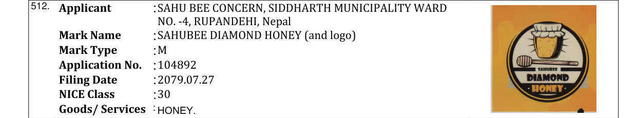Original bulletin entry for SAHUBEE DIAMOND HONEY (and logo)