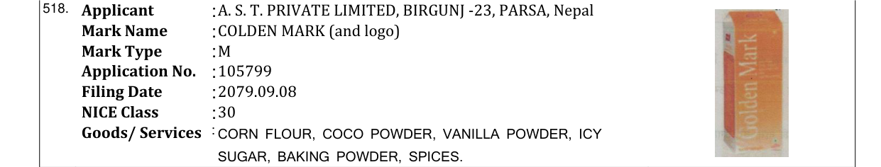 Original bulletin entry for COLDEN MARK (and logo)