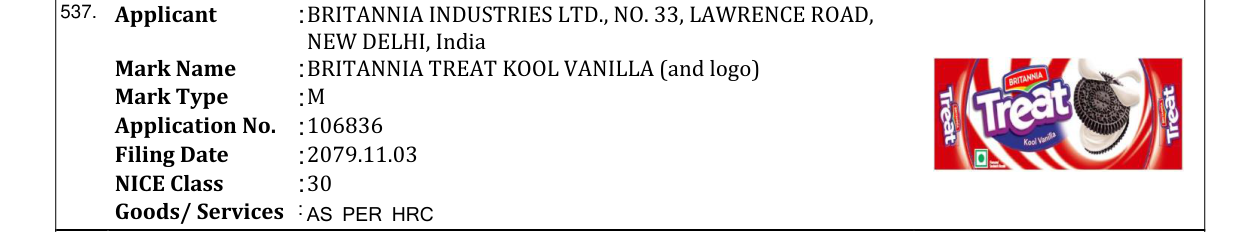 Original bulletin entry for BRITANNIA TREAT KOOL VANILLA (and logo)