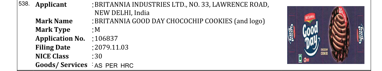 Original bulletin entry for BRITANNIA GOOD DAY CHOCOCHIP COOKIES (and logo)