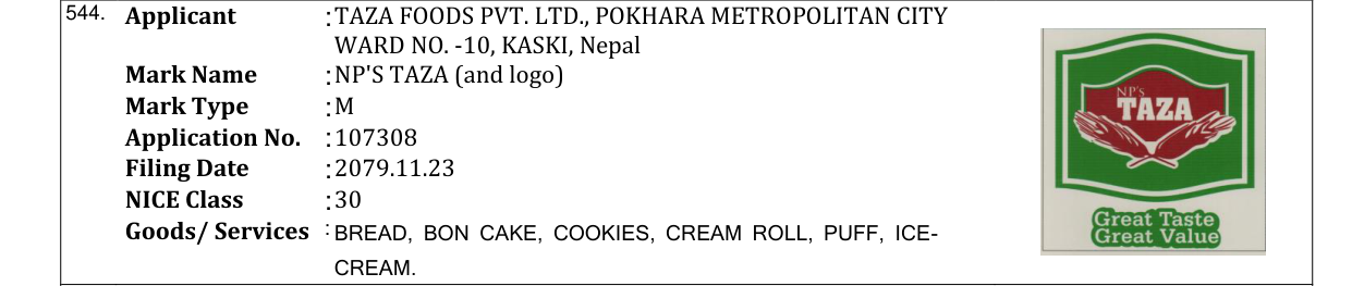 Original bulletin entry for NP'S TAZA (and logo)