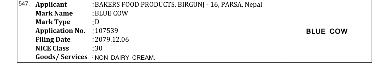 Original bulletin entry for BLUE COW