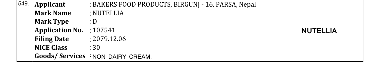 Original bulletin entry for NUTELLIA
