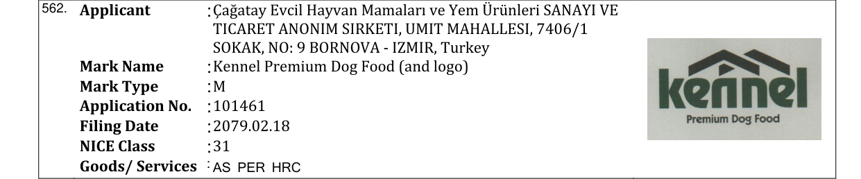 Original bulletin entry for Kennel Premium Dog Food (and logo)