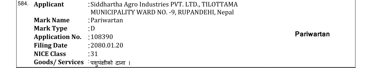 Original bulletin entry for Pariwartan