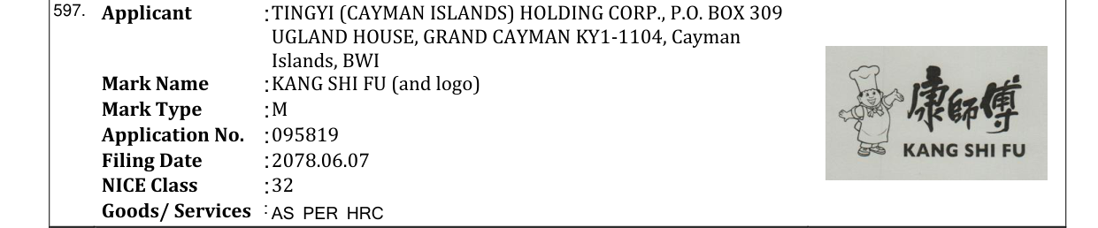 Original bulletin entry for KANG SHI FU (and logo)