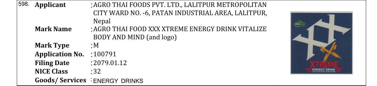 Original bulletin entry for AGRO THAI FOOD XXX XTREME ENERGY DRINK VITALIZE BODY AND MIND (and logo)