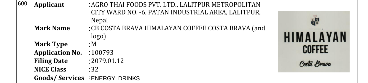 Original bulletin entry for CB COSTA BRAVA HIMALAYAN COFFEE COSTA BRAVA (and logo)
