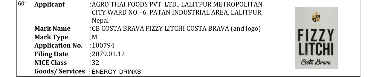 Original bulletin entry for CB COSTA BRAVA FIZZY LITCHI COSTA BRAVA (and logo)