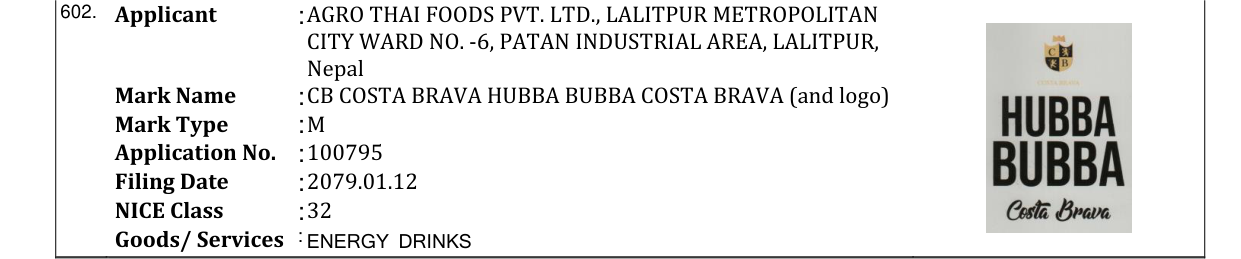 Original bulletin entry for CB COSTA BRAVA HUBBA BUBBA COSTA BRAVA (and logo)