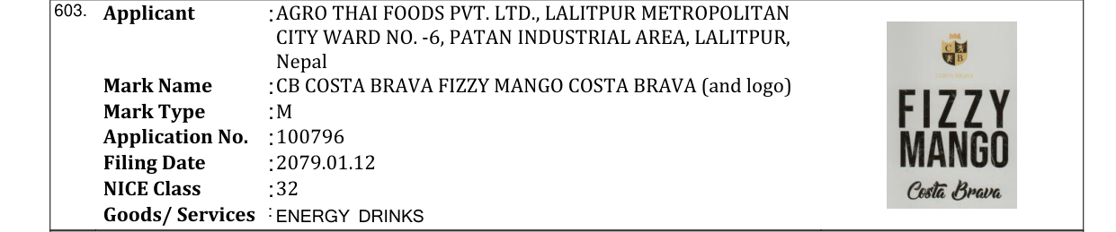 Original bulletin entry for CB COSTA BRAVA FIZZY MANGO COSTA BRAVA (and logo)