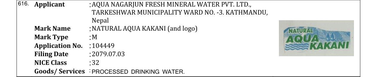 Original bulletin entry for NATURAL AQUA KAKANI (and logo)