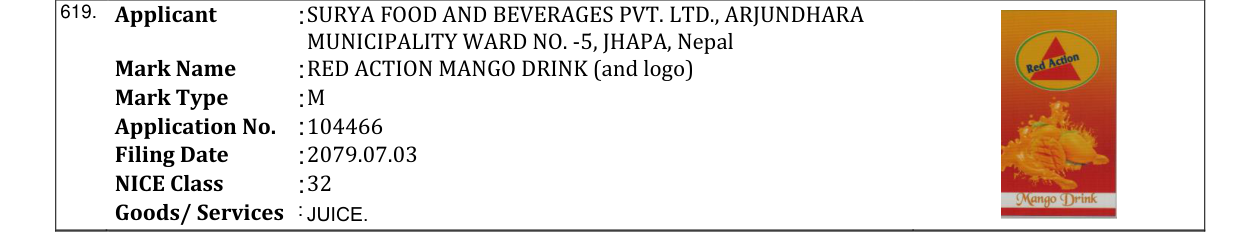 Original bulletin entry for RED ACTION MANGO DRINK (and logo)