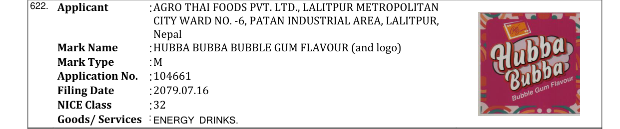 Original bulletin entry for HUBBA BUBBA BUBBLE GUM FLAVOUR (and logo)