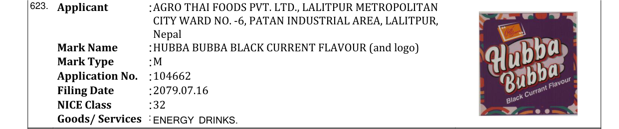 Original bulletin entry for HUBBA BUBBA BLACK CURRENT FLAVOUR (and logo)