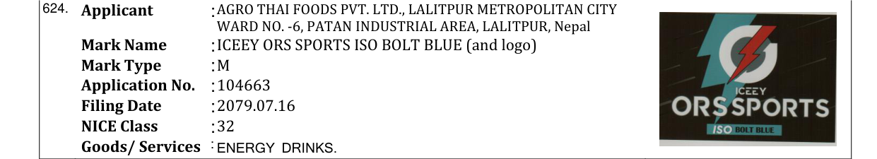 Original bulletin entry for ICEEY ORS SPORTS ISO BOLT BLUE (and logo)