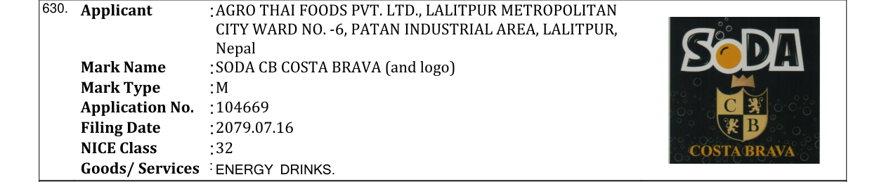 Original bulletin entry for SODA CB COSTA BRAVA (and logo)