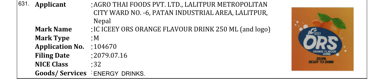 Original bulletin entry for IC ICEEY ORS ORANGE FLAVOUR DRINK 250 ML (and logo)