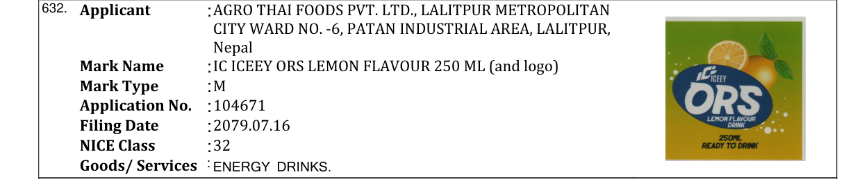 Original bulletin entry for IC ICEEY ORS LEMON FLAVOUR 250 ML (and logo)