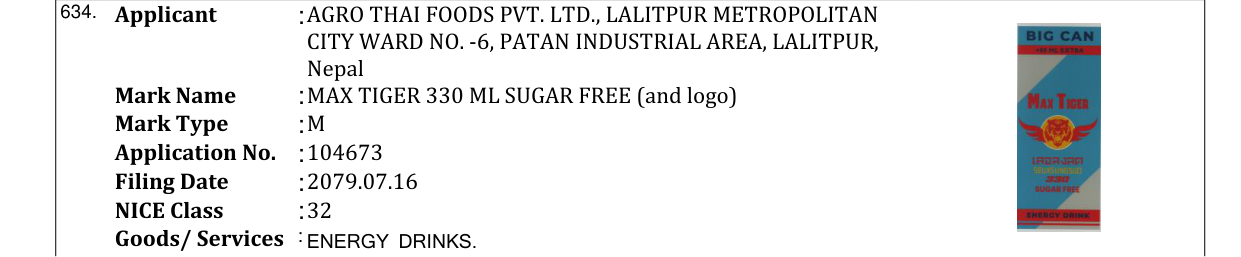 Original bulletin entry for MAX TIGER 330 ML SUGAR FREE (and logo)