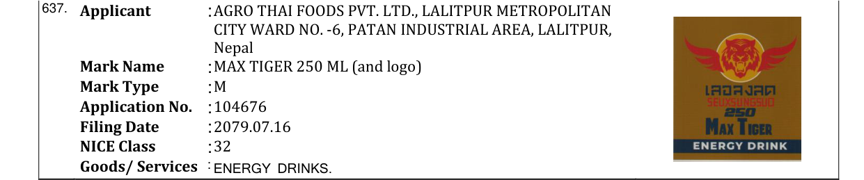 Original bulletin entry for MAX TIGER 250 ML (and logo)
