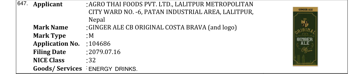Original bulletin entry for GINGER ALE CB ORIGINAL COSTA BRAVA (and logo)