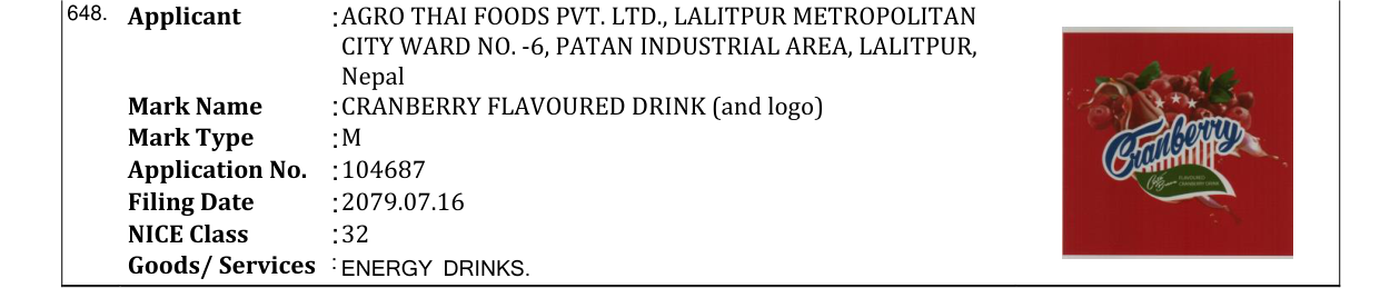 Original bulletin entry for CRANBERRY FLAVOURED DRINK (and logo)