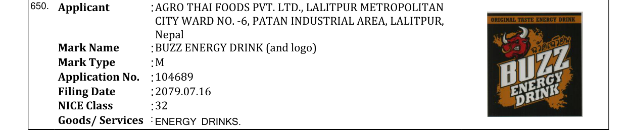 Original bulletin entry for BUZZ ENERGY DRINK (and logo)