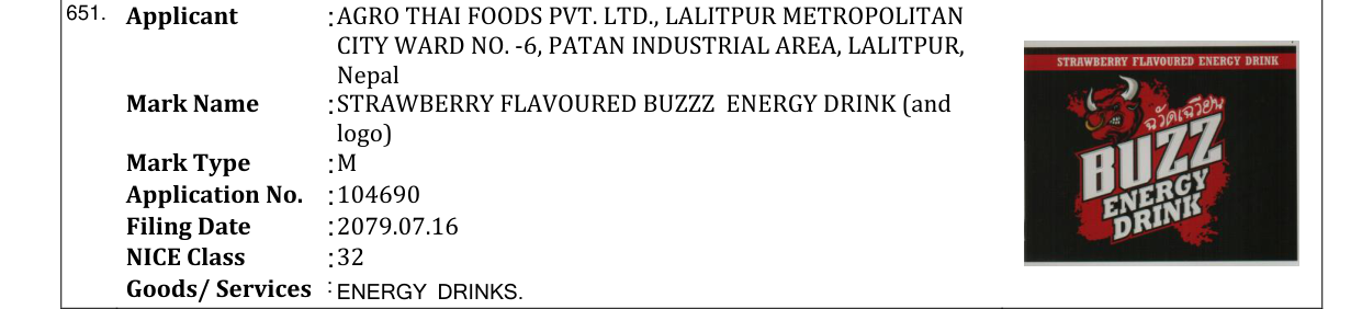 Original bulletin entry for STRAWBERRY FLAVOURED BUZZZ ENERGY DRINK (and logo)