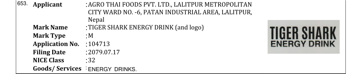 Original bulletin entry for TIGER SHARK ENERGY DRINK (and logo)