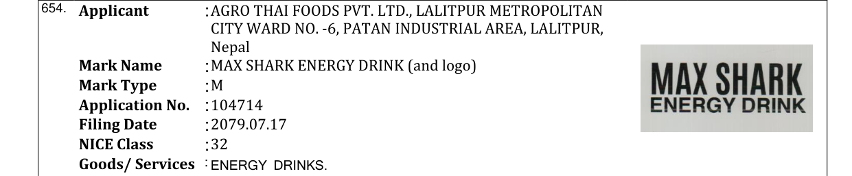 Original bulletin entry for MAX SHARK ENERGY DRINK (and logo)