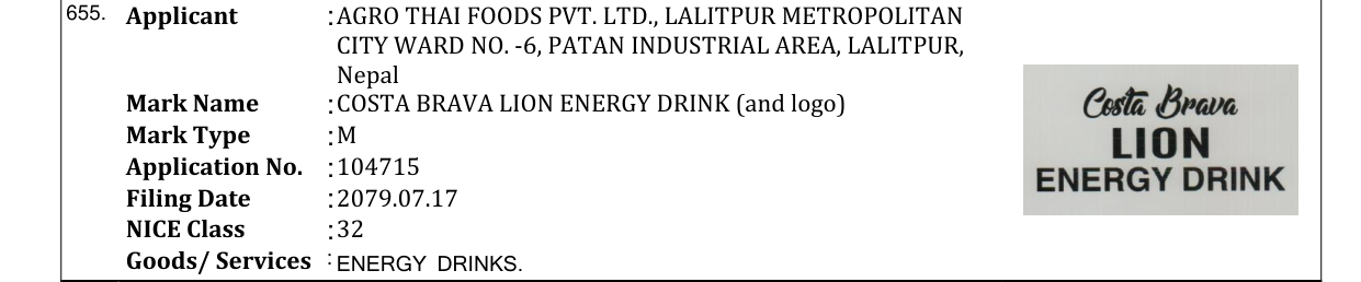 Original bulletin entry for COSTA BRAVA LION ENERGY DRINK (and logo)