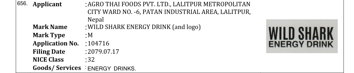 Original bulletin entry for WILD SHARK ENERGY DRINK (and logo)