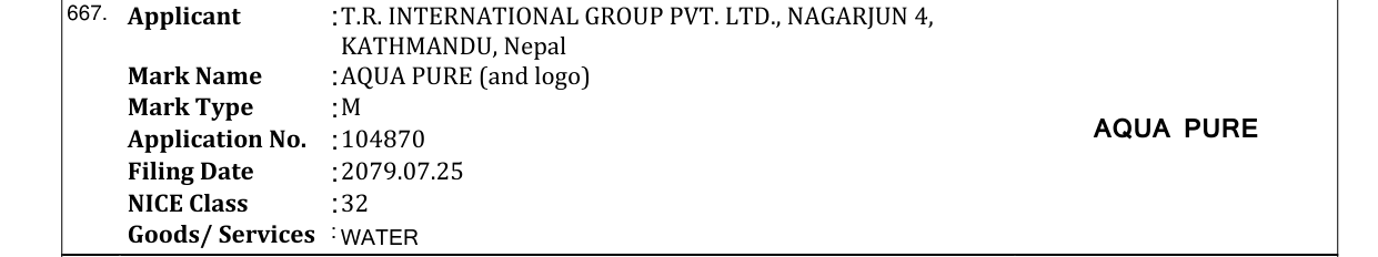 Original bulletin entry for AQUA PURE (and logo)
