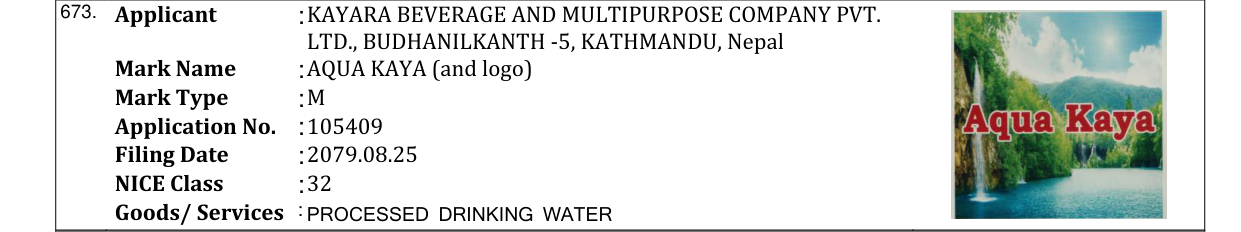 Original bulletin entry for AQUA KAYA (and logo)