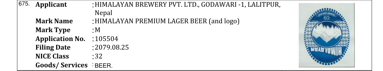 Original bulletin entry for HIMALAYAN PREMIUM LAGER BEER (and logo)