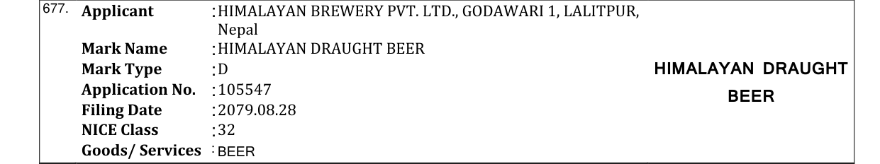 Original bulletin entry for HIMALAYAN DRAUGHT BEER