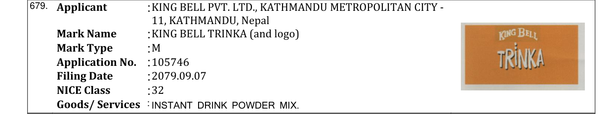 Original bulletin entry for KING BELL TRINKA (and logo)