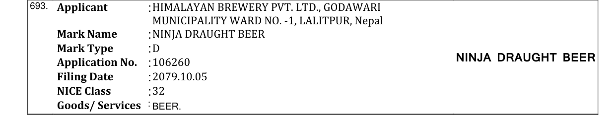 Original bulletin entry for NINJA DRAUGHT BEER