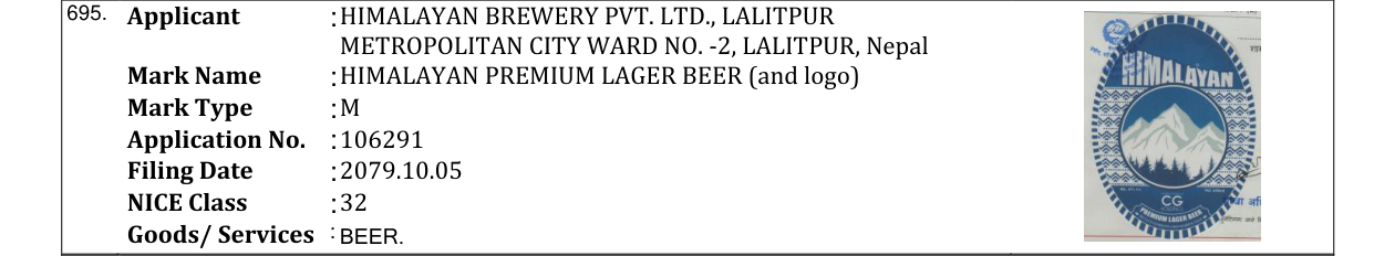 Original bulletin entry for HIMALAYAN PREMIUM LAGER BEER (and logo)