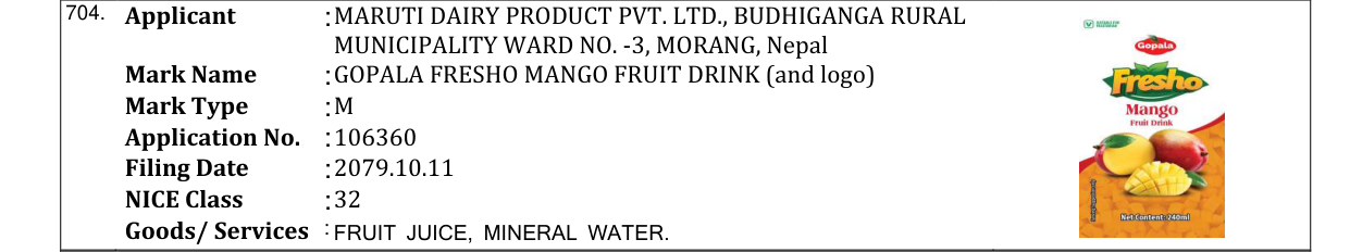 Original bulletin entry for GOPALA FRESHO MANGO FRUIT DRINK (and logo)