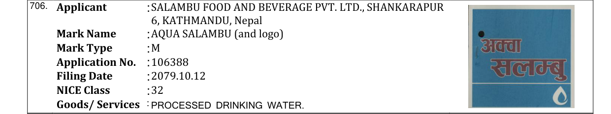 Original bulletin entry for AQUA SALAMBU (and logo)